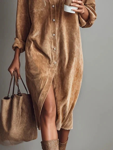 Robe-chemise en velours côtelé, manches longues, boutonnée, longueur midi