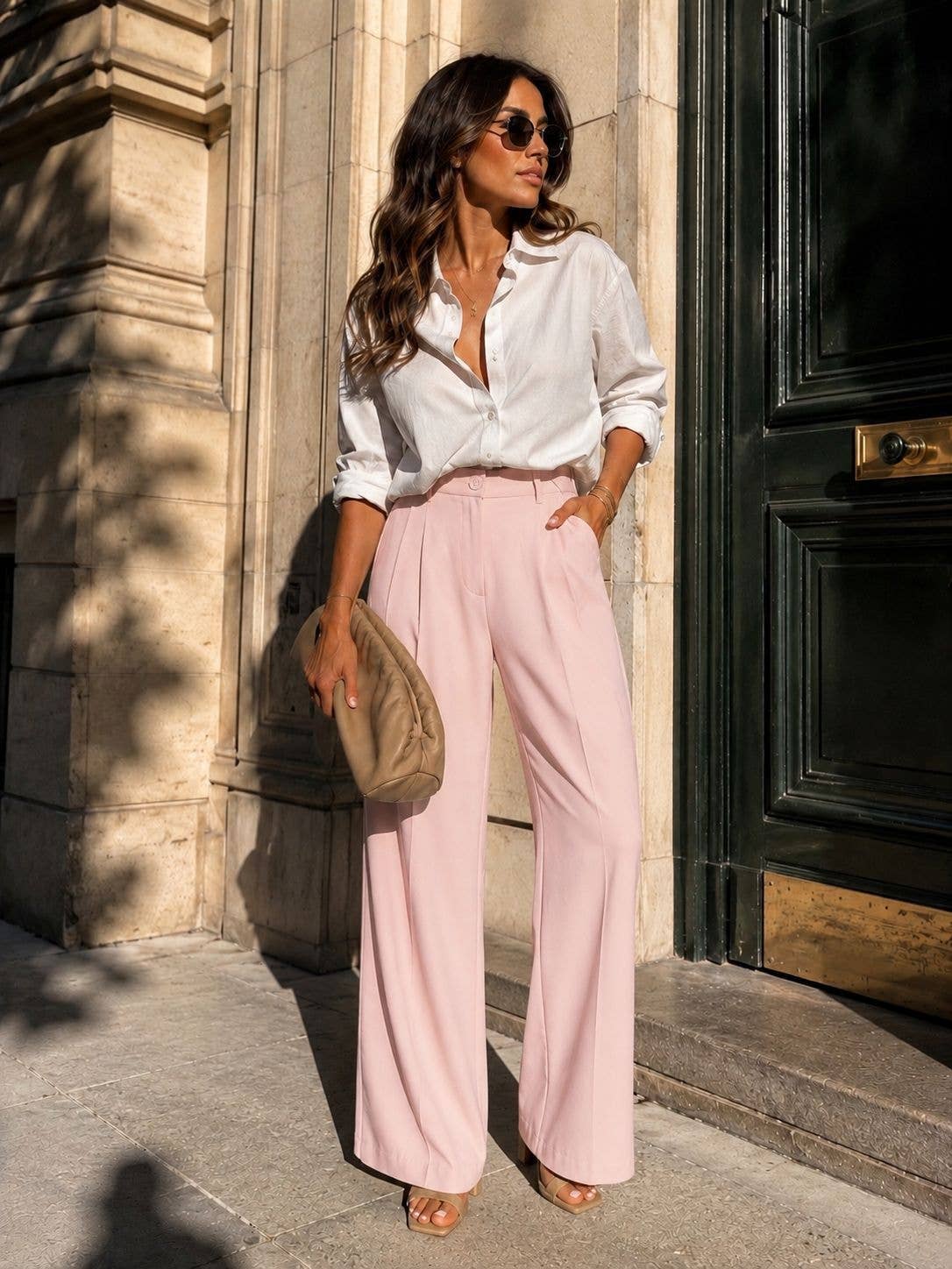 Pantalon large rose, taille plissée