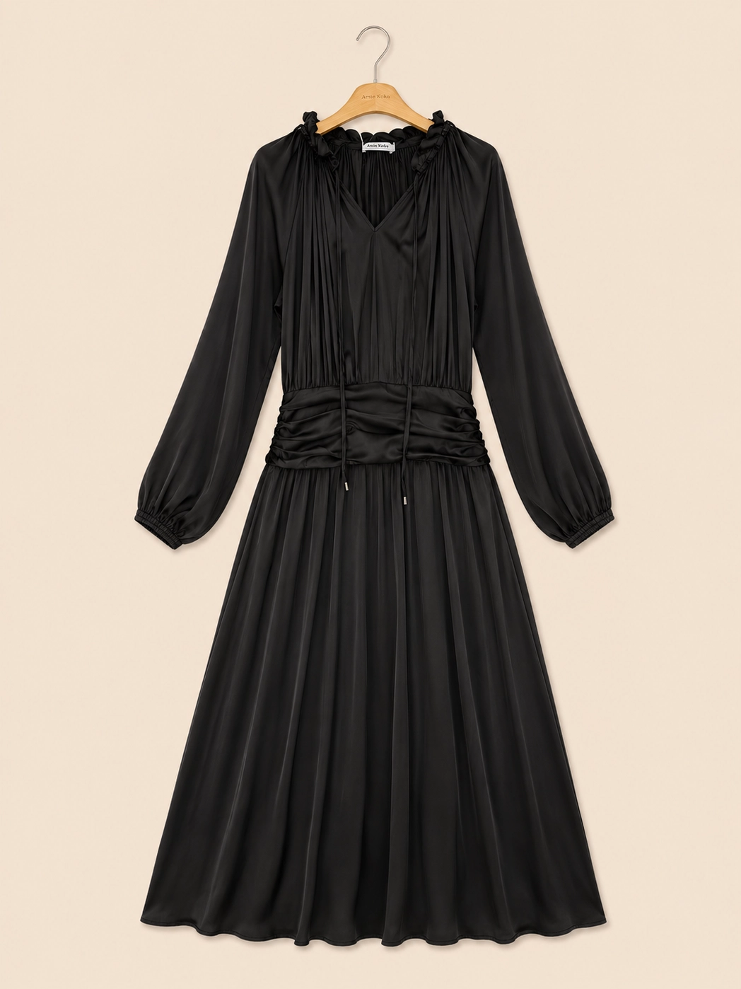 Robe Longue à Taille Drapée Manches Longues