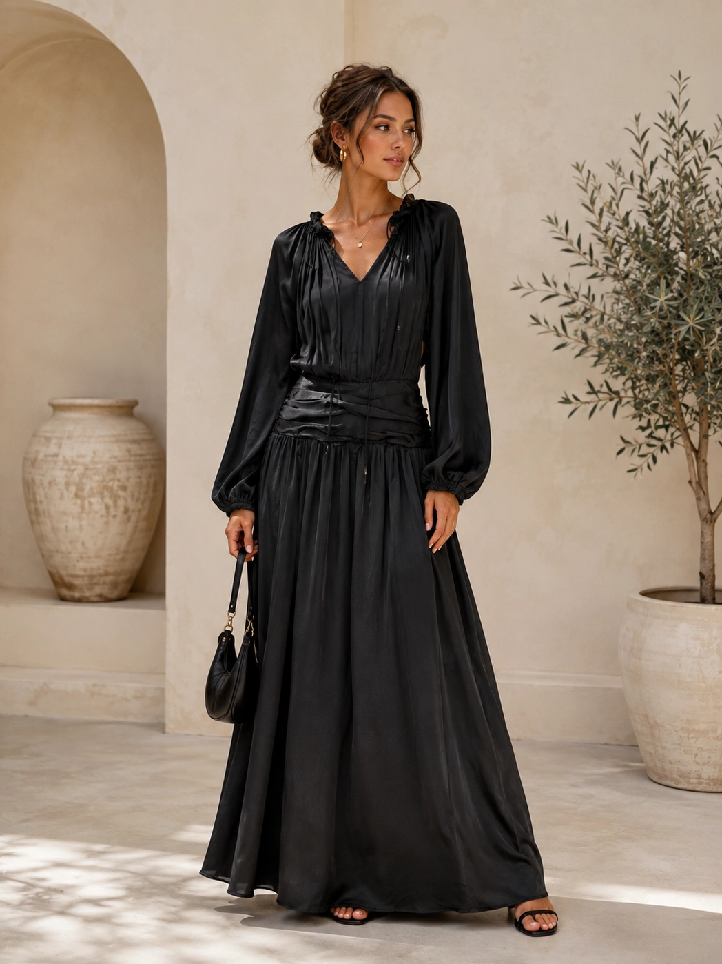 Robe Longue à Taille Drapée Manches Longues - 2